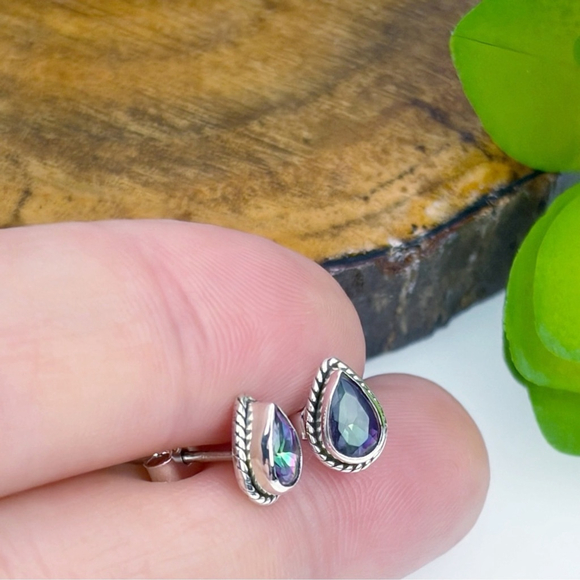 Mystic Topaz Earrings Solid Sterling Silver 925 Green Purple Gemstone Stud Post - Picture 6 of 7